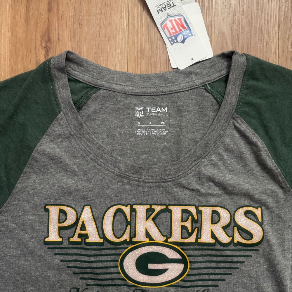 NFL Team Apparel Green Bay Packers Gray Raglan T Shirt Women's Small NWT - Picture 2 of 5